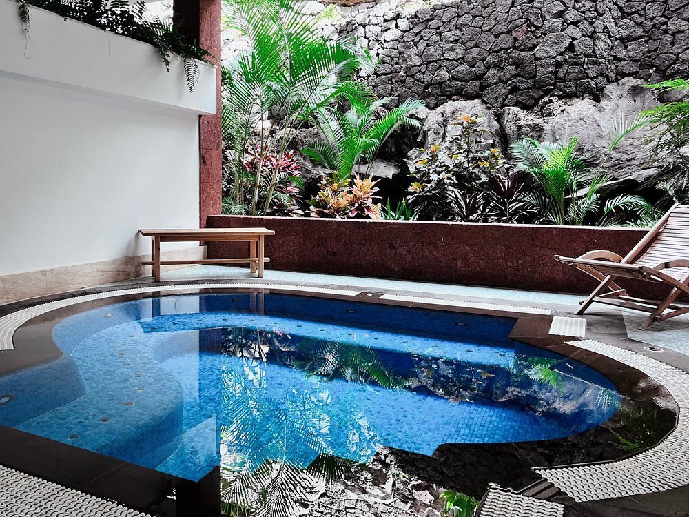 Private pool surrounded by tropical plants and volcanic rock wall at luxury Hotel Fariones Lanzarote